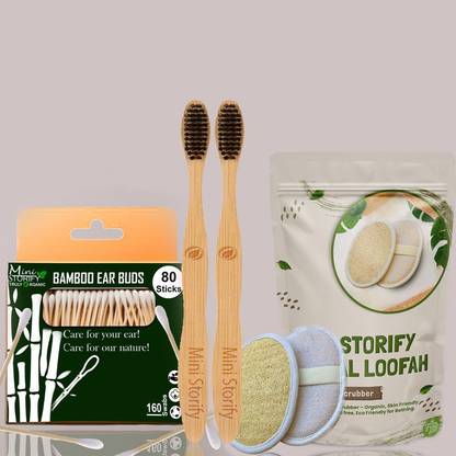 Mini Storify 1Bamboo Cotton ear buds/swabs|80 wood Stems / 160 Swabs|2 Adult bamboo tooth brush - Charcoal Soft Bristles, , |2 Oval Loofah/Loufah Pads, Sponge Body scrubber