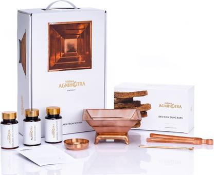 VISHWA Agnihotra 10 in 1 Starter Hawan Kit |Includes Copper Havan kund,Stand,Fork,Spoon,Dish,Cow Dung,Rice,Camphor,Pure Ghee and Information Guide