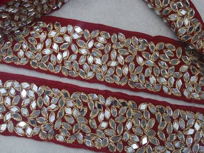 CMHOWLITE Red Fancy Mirror Work Used in Lehenga, Party Saree, Blouse, Fancy Border Lace, Dupatta Lace Reel