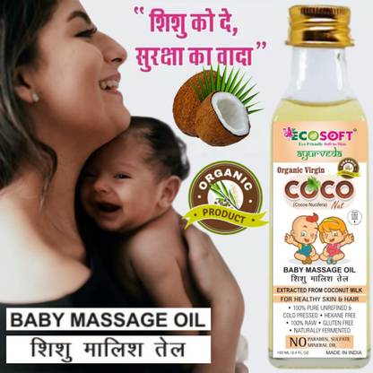 ECOSOFT coconuts which makes hundred% natural and extra virgin thereby keeping all the antioxidants, nutrients and flavours intact.NEW EXTRA PREMIUM ! Helps moisturizes and protect your child's skin. 100% Pure & Organic Cold Pressed VIRGIN COCONUT BABY MASSAGE OIL 100 ML in Glass Bottle.