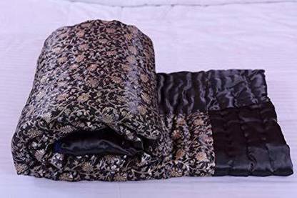 Rukma Fashion Double Bed Size Jaipuri Silk AC Quilt Razai Blanket, Dohar with Gold Prints Double Bed Quilt/Comforter Winter Quilt -(Black) Cotton Blend Batting