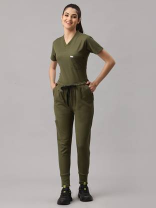 c-guard® V- neck Dri-Fit Olive Green Scrub suit For Women_XS Shirt, Pant Hospital Scrub