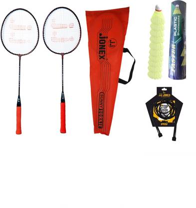 JJ Jonex Go-Play Badminton Racket Of Set 2 with Black 1 PC Skipping Rope and Plastic Shuttles 10 Pieces with Cover, Multicolour, (MYC) Badminton Kit
