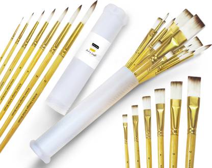KritArt Design Artist' Painting Brush Set, Flat and Round, Synthetic hair for Water Poster Acrylic Gouache and Oil Colour [CLEAR FINISH Wooden Handle set of 13 Mix Brushes with extendable container]