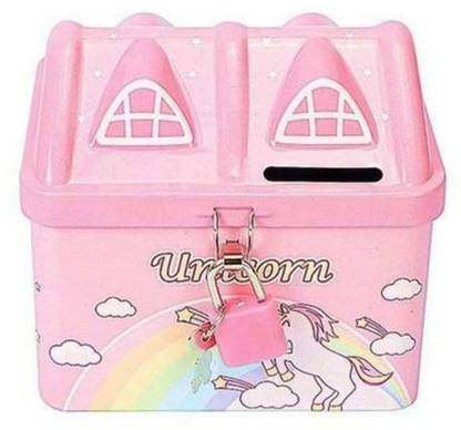 Dilurban Printed House Shape Saving Money Box Drop Resistance House with Lock Storage Money Box Coin Bank