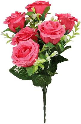 LADDU GOPAL Laddu Gopal D-Pink Rose Artificial Flowers Bunches for Vase, Home/Office Decor with Long Stem, Stylish Plastic Flower Sticks Without Pot, (1 Bunch*9 Flower) Pink Rose Artificial Flower