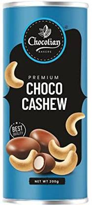 CHOCOLIAN BAKERS Premium Chocolate Flavor Coated Dried Fruit Cashew Nuts Tin Gift Pack – 200 Grams Enhance Test Sweet Crispy Coting Truffles