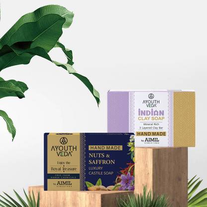 Ayouthveda Handmade Nuts & Saffron Luxury Castile Soap& Handmade Indian Clay Soap 200g