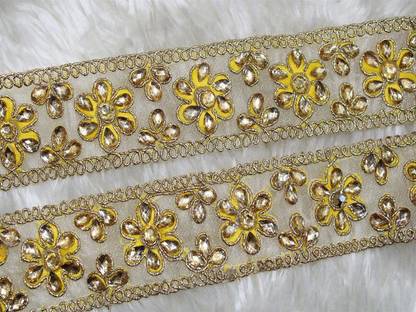 CMHOWLITE Yellow Embellished Stone Work Embroidered Border for Bridal Lehenga, Party Saree, Blouse, Fancy Border Lace, Dupatta Lace Reel
