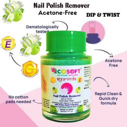 ECOSOFT PACK OF 1.Ultimate Premium Dip & Twist Instant Nail Polish Remover Nail Polish Remover - Acetone Free, Enriched with Vitamin C or Vitamin E with LEMAN Fragrance. Contains Hydrating Agents & Perfume.(PACK OF 2) Vitamin E & Vitamin C and will not dry or damage your nails. It effectively removes nail polish in seconds without any mess. Ultimate Premium Dip & Twist Instant Nail Polish Remover Nail Polish Remover - Acetone Free, Enriched with Vitamin C or Vitamin E with Green Apple Fragrance. Contains Hydrating Agents & Perfume.