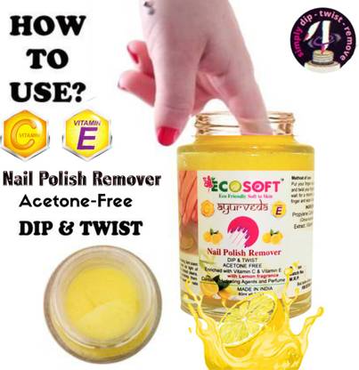 ECOSOFT The formula is Acetone- free, contains Vitamin E & Vitamin C and will not dry or damage your nails. Ultimate Premium Dip & Twist Instant Nail Polish Remover Nail Polish Remover - Acetone Free, Enriched with Vitamin C or Vitamin E with LEMAN Fragrance. Contains Hydrating Agents & Perfume. 1 UNIT