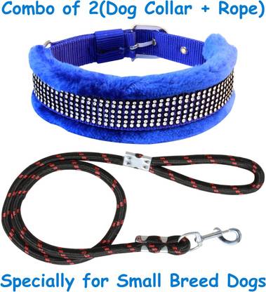 BODY BUILDING Dog Belt (Combo of 2) Padded Blue Fur Dog Collar + Black Dog Lead Specially for Small Breeds Dog Collar & Leash