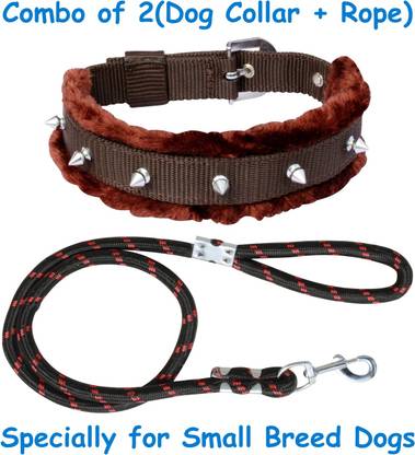 PEDIGONE Dog Belt (Combo of 2) Padded Brown Fur Spike Dog Collar + Black Dog Lead Specially for Small Breeds Dog Collar & Leash