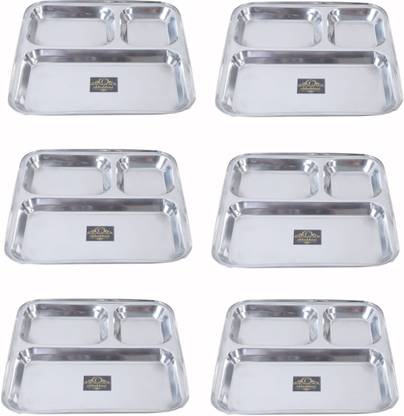 chhablani (SET OF 6) heavy duty Stainless Steel 3 in 1Pav Bhaji Plate / Idli Sambar Serving Plate Sectioned Plate