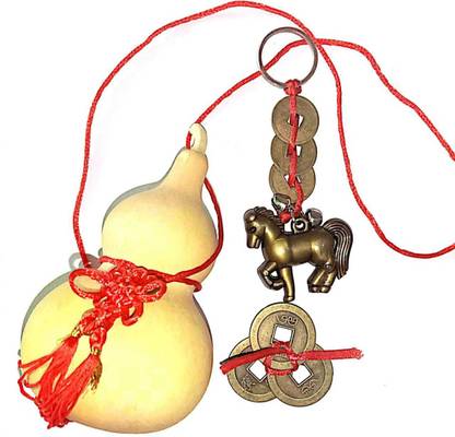 SHREENATHJI Shreenathji Lucky Charm Wu Lu Guard Calabash Ribbed Three Coin & Keychain Decorative Showpiece  -  12 cm