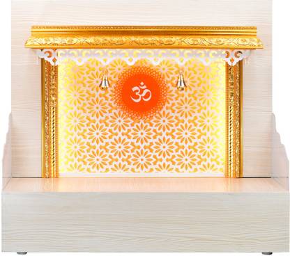 The Mandir Store Shubh Wooden Mandir with LED Lights in Pinewood Colour Solid Wood Home Temple