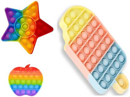 Chigy Wooh Pop It Combo Fidget Toy Set Popit Toys For Kids Figit Games Popet Poppit icecream Popets Apple Popit Star Rainbow Pack Of 3