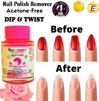 ECOSOFT Dip & Twist ROSE Fragrance The formula is Acetone- free, contains Vitamin E & Vitamin C and will not dry or damage your nails. Ultimate Premium Dip & Twist Instant Nail Polish Remover Nail Polish Remover - Acetone Free, Enriched with Vitamin C or Vitamin E with ROSE Fragrance. Contains Hydrating Agents & Perfume.