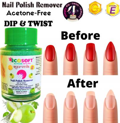 ECOSOFT Contains Hydrating Agents & Perfume.unit of 1 ADVANCE NEW PACK No parabens. No sulphates. Only love! Made in India. Ultimate Premium Dip & Twist Instant Nail Polish Remover Nail Polish Remover - Acetone Free, Enriched with Vitamin C or Vitamin E with Green Apple Fragrance. Contains Hydrating Agents & Perfume.unit of 1