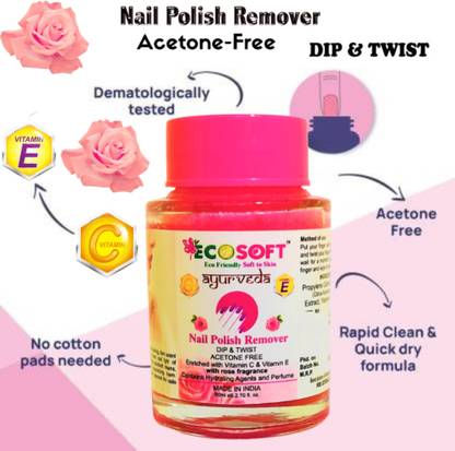 ECOSOFT NEW PACK No sulphates. Only love! Made in India. Ultimate Premium Dip & Twist Instant Nail Polish Remover Nail Polish Remover - Enriched with Vitamin C or Vitamin E with ROSE Fragrance. Contains Hydrating Agents & Perfume.