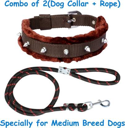 PEDIGONE Dog Belt (Combo of 2) Padded Brown Fur Spike Dog Collar + Black Dog Lead Specially for Medium Breeds Dog Collar & Leash