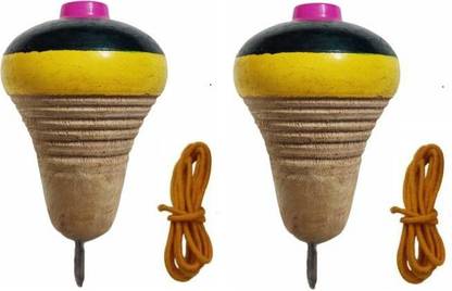 D'Mega Mart 2 PC Traditional Wooden Desi set of Two Spinning Tops with strings Lattoo