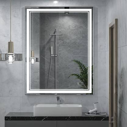 PRISHNA Bathroom Mirror Vertical 24”(L)X30”(H) Rectangle LED Lights- White Lighted Makeup Vanity Mirror Wall Mounted Frontlit Frameless Large Size, Memory Touch, Daylight Lights (24”X30” , 3 Color Temperature Light) Lighted Mirror