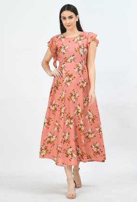 Women Fit and Flare Orange Dress