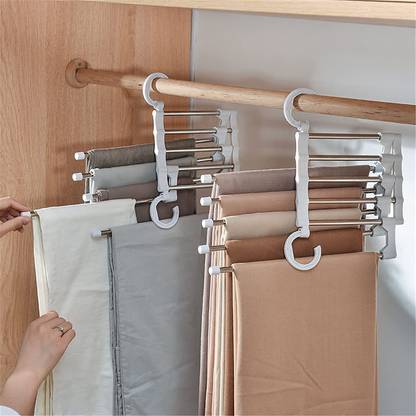Urbanware 5 in 1 Trousers Hanger - Foldable Pants Hanger for Jeans Trousers Adjustable Pack of 2 Steel Hanger (White, Silver) Steel Dress Pack of 2 Hangers For  Dress
