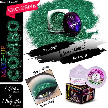 TRUOM Eye Shadow Glitter D-Green Premium Dust & Body Glitter Fixer Makeover Combo (Glitter+Glue 17) Highlighter