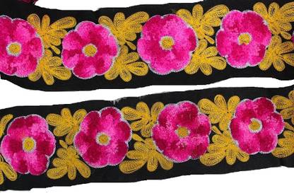 CMHOWLITE Black Pink Yellow Flowers Thread Work Embroidered Border, Package of 9 Meter,Width 4 inch (10.16cm) for Saree, Lehenga, Suits, Blouses, Craft Work Lace Reel