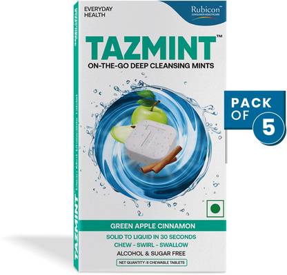 RUBICON TazMint 3-in-1 Chewable On-the-Go Mouthwash Tablets for Fresh Breath Upto 4 Hours | Sugar-free | Alcohol-free | Green Apple Cinnamon Flavour | Oral Care | 5 Packs of 8 Tablets - Green Apple Cinnamon
