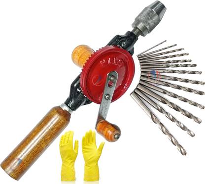 Mass Pro 1 Manual Hand Drill Machine 1/4" With 13Pcs HSS Drill Bits & Gloves Hand Tool Kit