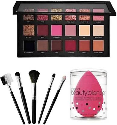 URBEN QUEEN Rose Gold Edition Eyeshadow palette -- 18 shades 5g (Multicolor) for girls & women with 5 pcs of makeup brushes Set + Me now beauty blender Puff sponges (7 items in the set)