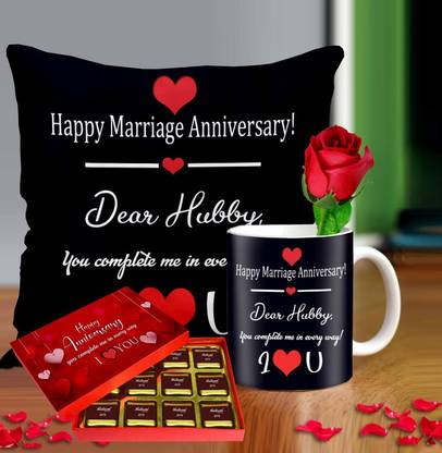 Midiron romantic gift for hubby on anniversary special | anniversary gift for hubby special combo | anniversary gift for hubby pillow ( chocolate, cushion, mug, cushion size 16*16 )IZ21-56 Ceramic, Fiber, Plastic, Paper Gift Box