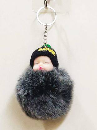 Style My Home Cute Sleeping Baby Black Fur Doll Keychain Pom Pom Rabbit Fur Doll Keychain Ladies Car Key Holder Keyring Bag/ Backpack Pendant Charm Accessory Key Chain