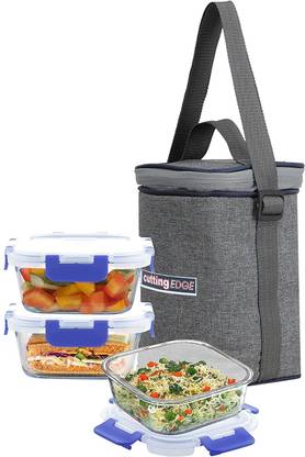 Cutting EDGE Square Glass Food Storage Lunch Box 350ml with Lunch Bag, Microwave Safe, High Borosilicate, Leak Proof, Plain Lid (Black) 3 Containers Lunch Box