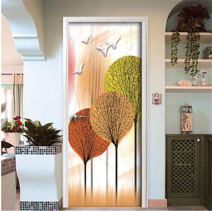 Creative Print Solution 76.2 cm Multicolor fan with birds door sticker for door Self Adhesive Sticker