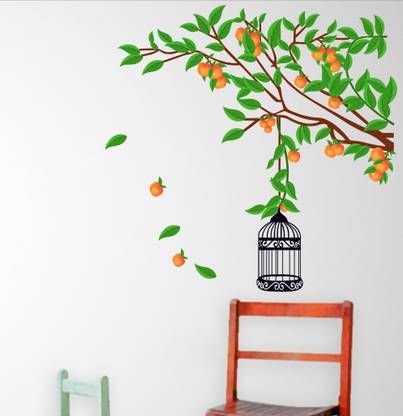 Decor hubb 32 cm Bird Cage with oranges and leaves wall sticker Self Adhesive Sticker