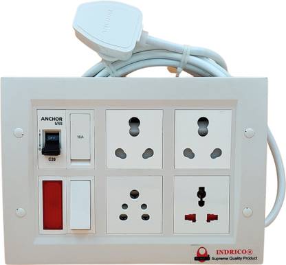 INDRICO 16amps Multi Socket Extension AC Switch Board 15amp with MCB 20A 15A 6A Multi Outlet Box Plug with Copper Cord Heavy Duty Wall Mounted White Pack of 1 (5 Meter 2.5MM (3500W)) 4  Socket Extension Boards