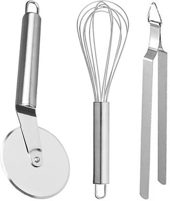 OC9 Stainless Steel Whisk / Egg Beater / Egg Whisker & Cooking Tong / Roti Chimta & Wheel Pizza Cutter Kitchen Tool Set