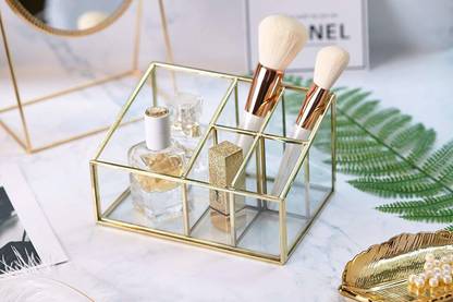 the unique designs Unique Makeup Organizer Vintage 5 Compartments Glass & Metal Cosmetic Organizer Brass Makeup Storage for Makeup Brushes Perfume Lipsticks Nail Polish Makeup Holder for Dresser Vanity Countertop - Gold makeup Vanity Box