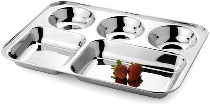 Mitchen 5 in 1 Stainless Steel Dining Round Square Extra Dinner Plate, Silver, Set of 8 Dinner Plate