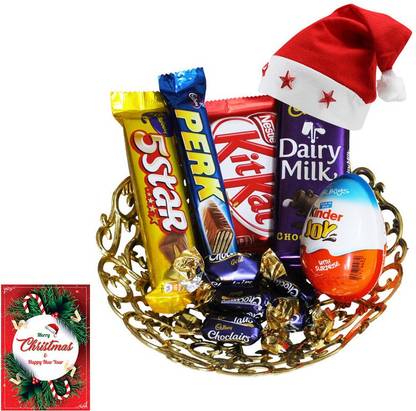 SurpriseForU Tasty Chocolates With Kinder Joy Gift Hamper | Christmas Chocolate Gift | Christmas Chocolates With Santa Cap | Chocolates With Greeting Card | New Year Chocolate Hamper Plastic Gift Box