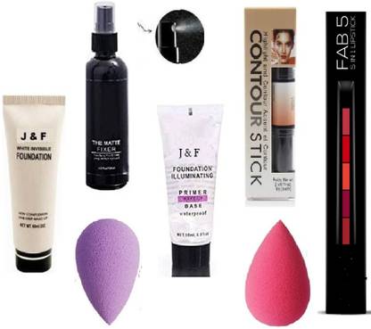 J & F Combo of illuminating Waterproof Primer with High Quality Makeup fixer Spray And Foundation , Fab 5 in 1 Matte Lipstick Multicolor , Beauty Blender Sponge Puff ( Pack of 2 ) , 2 in 1 Contour Stick