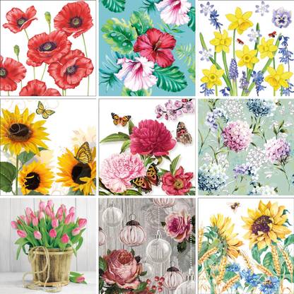 DCAD Decoupage Tissue Paper Napkin Sunflower Rose Tulips Poppies Horona Hibiscus Flower print -- 9 Decoupage Tissues -1 napkins of each design - total 9 pc Multicolor Paper Napkins