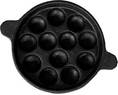 70'S KITCHEN Paniyaram Pan Cast Iron Flat Bottom Tawa 12 Cavity/Hole Appe pan paniyarakkal, Works with Gas,Black Paniarakkal 1.2 L capacity 21.8 cm diameter