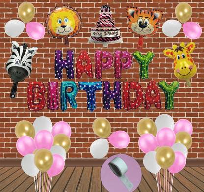 Agk Solid 49 pcs Jungle Theme Happy Birthday Decoration Foil balloon - 1 set of Multicolor Polka Dotted Happy Birthday Letter Balloons + 30 pcs Metallic Balloon (Pink, Gold, White) + 1 Pcs Happy Birthday Cake Balloon + 4 Pcs Animal Faces Balloon (Tiger, Lion, Giraffe, Zebra), 1 Pcs Glue Dots Roll for kids, teenager, Boys, Girls party Balloon Letter Balloon