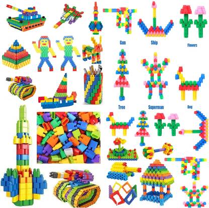 TechHark 300+ PCs [ 2 in 1 DIY Combo ] 2 Types Different Blocks for Early Learning/ Educational Blocks Toys for Kids (200+PCs Bullets, 100+PCs Hexa)