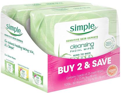 SIMPLE FACE Wipes, Cleansing, 25 ct, Twin Pack